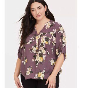 Torrid Harper Georgette 3/4 Sleeve Floral V-Neck Blouse Purple 1X